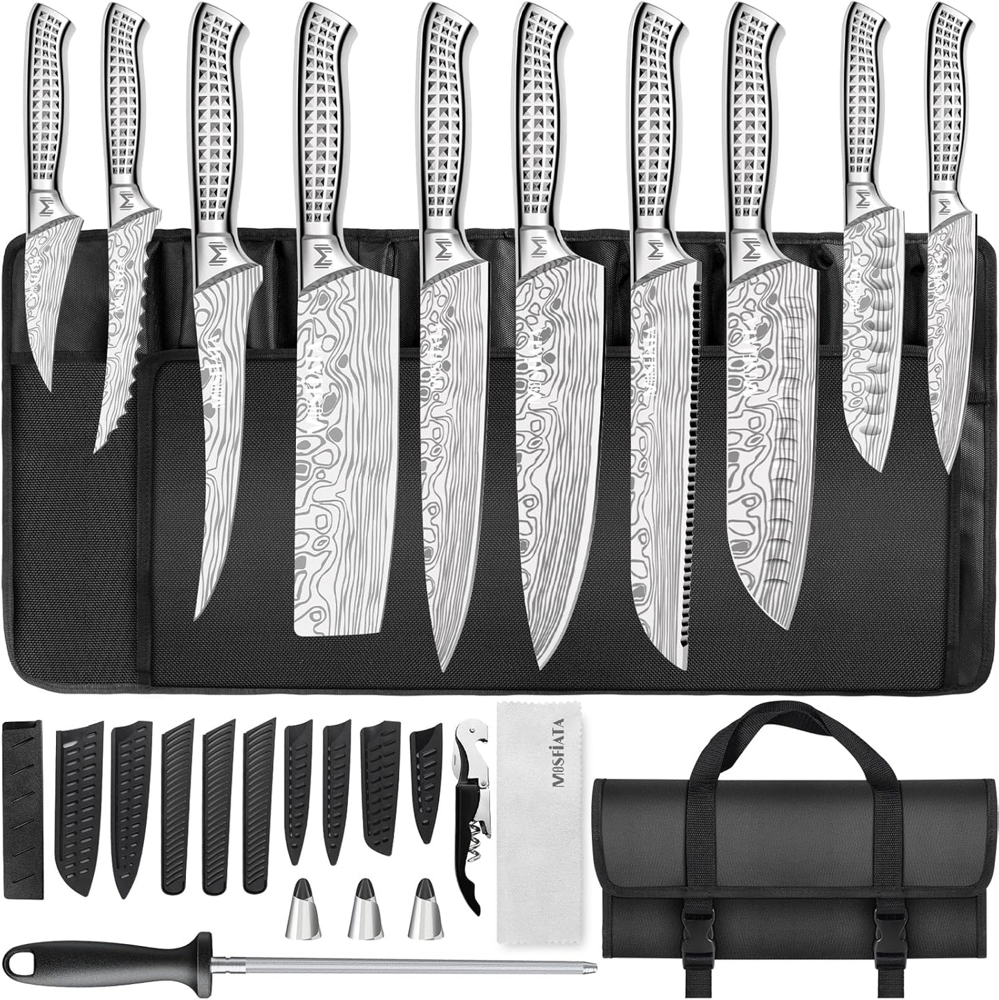 Kitchen Knife Set, 12 Pcs Japanese Stainless Steel Knife Sets for Kitchen with Oxford cloth storage bag with Knife Sharpening Rod, Dishwasher Safe, For Outdoor