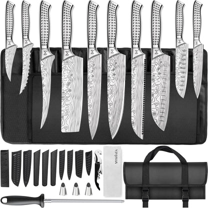 Kitchen Knife Set, 12 Pcs Japanese Stainless Steel Knife Sets for Kitchen with Oxford cloth storage bag with Knife Sharpening Rod, Dishwasher Safe, For Outdoor