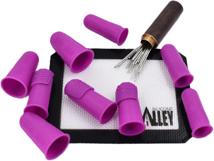 FLEX Thimbles | 9-Pack | 3X-Thick THIK-TIP Medium (3) + Standard Purple Finger Protectors 1x Thick - Small (3) and Large (3) | Mat (1) | Set of Large Eye Sewing Needles (1)