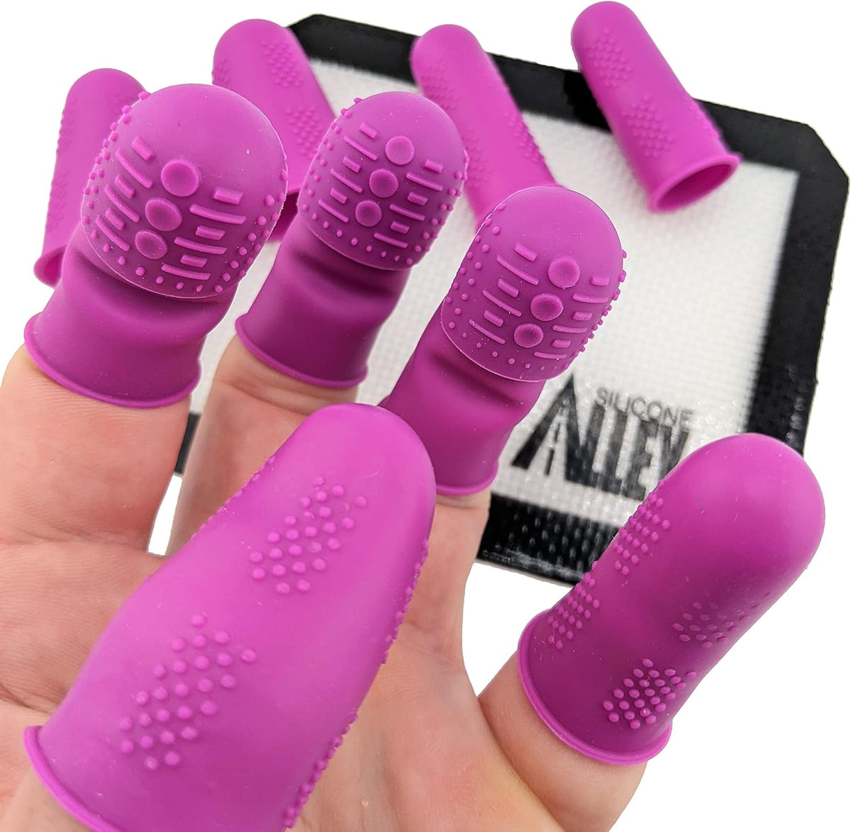 FLEX Thimbles | 9-Pack | 3X-Thick THIK-TIP Medium (3) + Standard Purple Finger Protectors 1x Thick - Small (3) and Large (3) | Mat (1) | Set of Large Eye Sewing Needles (1)