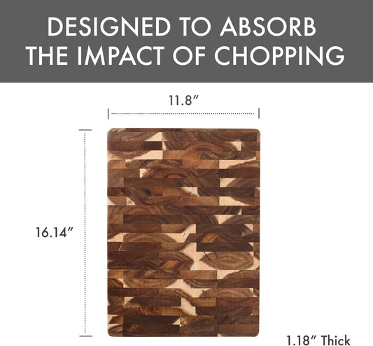 Acacia End Grain Reversible Butcher Block Cutting Board – 11.8" x 16.14" | Heavy-Duty Wood Chopping Board with Recessed Finger Grips