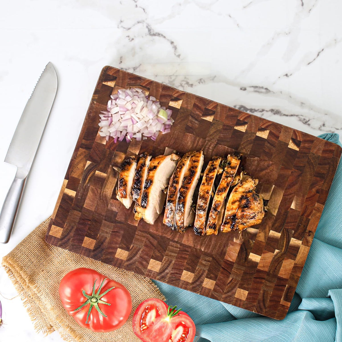 Acacia End Grain Reversible Butcher Block Cutting Board – 11.8" x 16.14" | Heavy-Duty Wood Chopping Board with Recessed Finger Grips