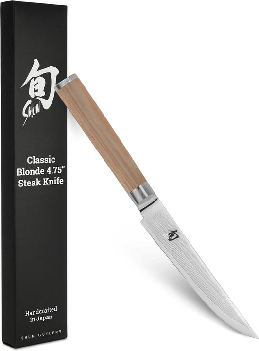 Classic Blonde 4.75" Steak Knife, Handcrafted Japanese Knife, VG-MAX Core with Damascus Stainless Steel Cladding, Pakkawood Handle, Serrated Steak Knife for Professional and Home Chefs
