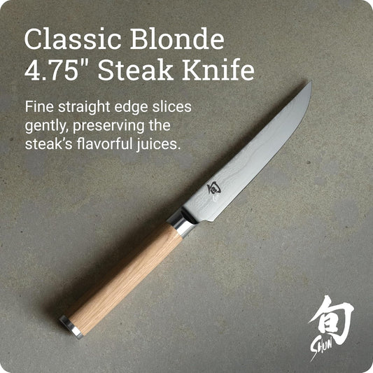 Classic Blonde 4.75" Steak Knife, Handcrafted Japanese Knife, VG-MAX Core with Damascus Stainless Steel Cladding, Pakkawood Handle, Serrated Steak Knife for Professional and Home Chefs