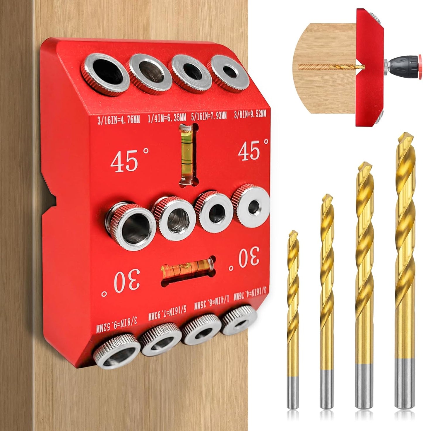 Portable Angle Drill Guide Jig with Level & 4 Drill Bits for Drilling 30°, 45°, 90° Degree Angled Holes, All Metal Jig for Angled or Straight Holes, for Wood Post Railing Stairs Handrail Deck