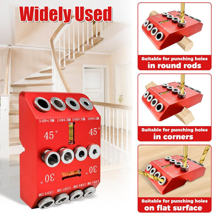 Portable Angle Drill Guide Jig with Level & 4 Drill Bits for Drilling 30°, 45°, 90° Degree Angled Holes, All Metal Jig for Angled or Straight Holes, for Wood Post Railing Stairs Handrail Deck