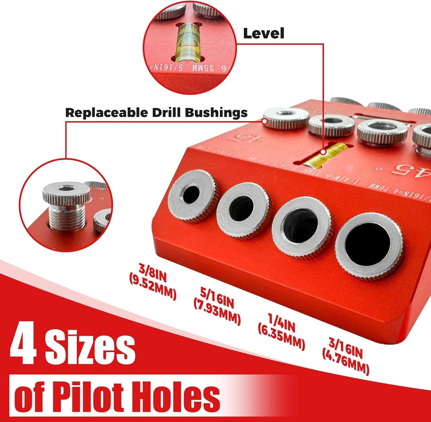 Portable Angle Drill Guide Jig with Level & 4 Drill Bits for Drilling 30°, 45°, 90° Degree Angled Holes, All Metal Jig for Angled or Straight Holes, for Wood Post Railing Stairs Handrail Deck