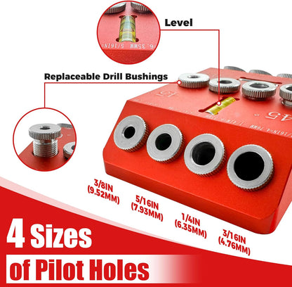 Portable Angle Drill Guide Jig with Level & 4 Drill Bits for Drilling 30°, 45°, 90° Degree Angled Holes, All Metal Jig for Angled or Straight Holes, for Wood Post Railing Stairs Handrail Deck
