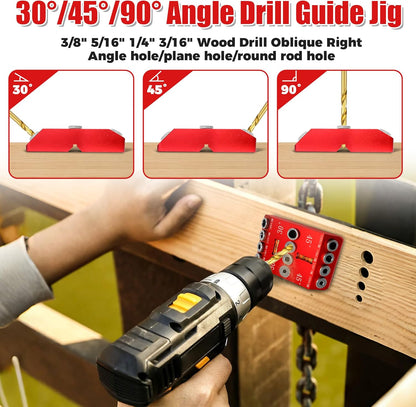 Portable Angle Drill Guide Jig with Level & 4 Drill Bits for Drilling 30°, 45°, 90° Degree Angled Holes, All Metal Jig for Angled or Straight Holes, for Wood Post Railing Stairs Handrail Deck