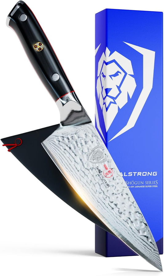 6" Chef Knife — AUS-10V Damascus, 62+ HRC, 8–12° Edge — For Precise Everyday Cooking, Smaller Hands & Compact Workspaces — Full-Tang G10, PerfectFit Sheath, Shogun ELITE, customer support
