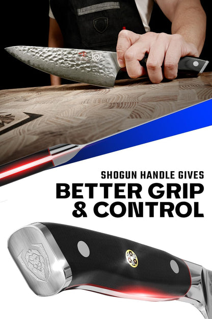 6" Chef Knife — AUS-10V Damascus, 62+ HRC, 8–12° Edge — For Precise Everyday Cooking, Smaller Hands & Compact Workspaces — Full-Tang G10, PerfectFit Sheath, Shogun ELITE, customer support