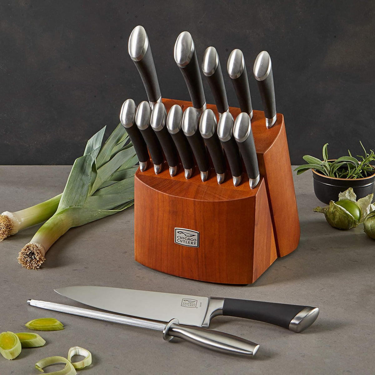 Fusion 17 Piece Kitchen Knife Set with Wooden Storage Block, Cushion-Grip Handles with Stainless Steel Blades that Resists Stains, Rust, and Pitting