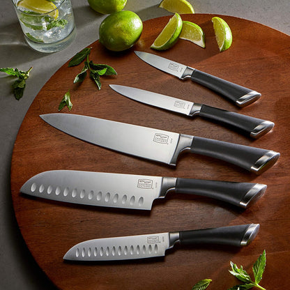 Fusion 17 Piece Kitchen Knife Set with Wooden Storage Block, Cushion-Grip Handles with Stainless Steel Blades that Resists Stains, Rust, and Pitting