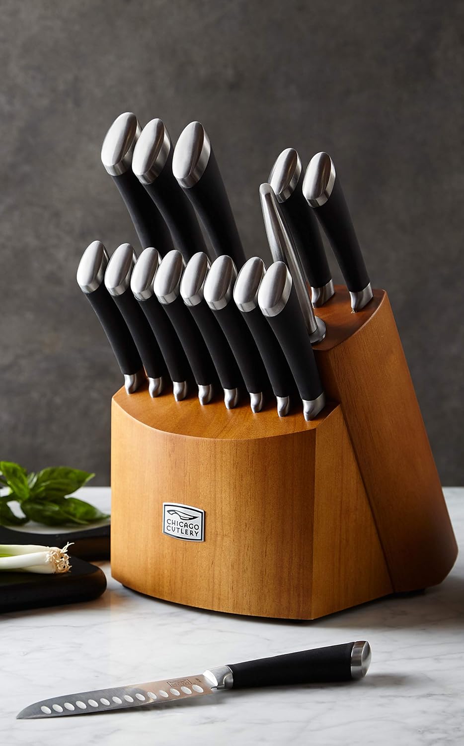 Fusion 17 Piece Kitchen Knife Set with Wooden Storage Block, Cushion-Grip Handles with Stainless Steel Blades that Resists Stains, Rust, and Pitting