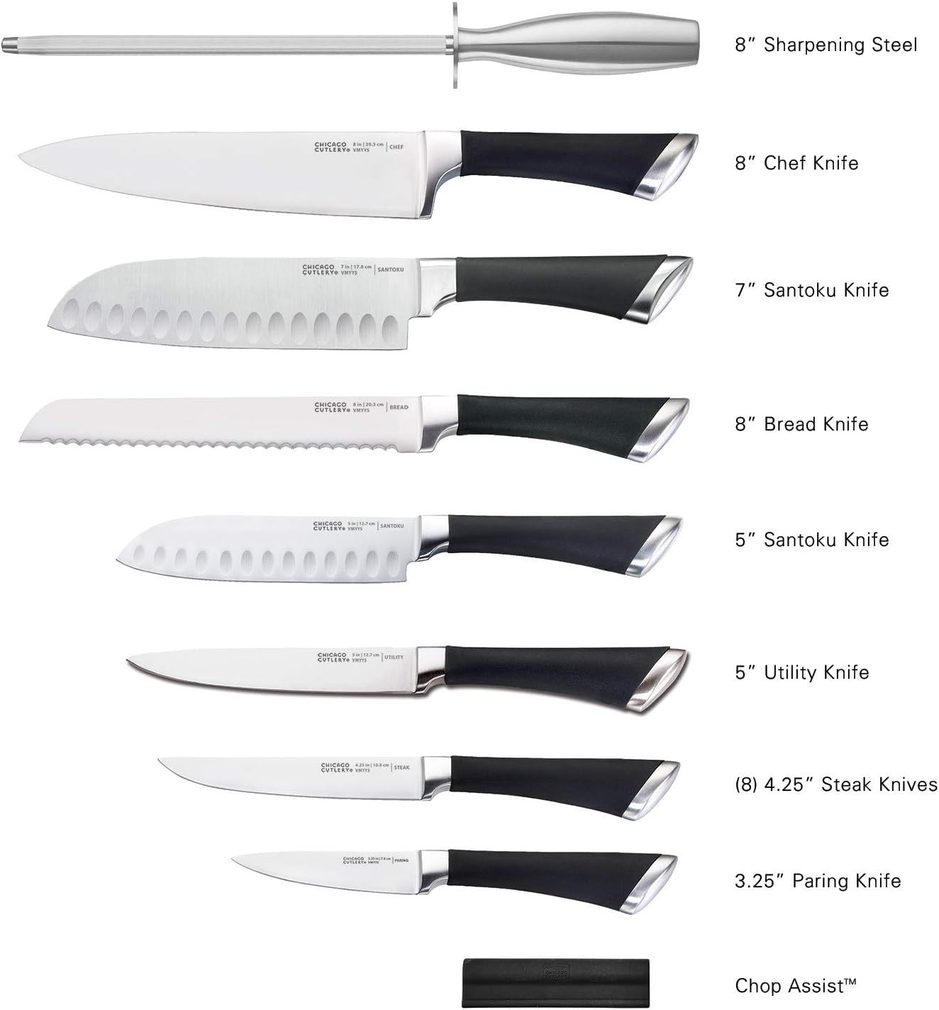 Fusion 17 Piece Kitchen Knife Set with Wooden Storage Block, Cushion-Grip Handles with Stainless Steel Blades that Resists Stains, Rust, and Pitting