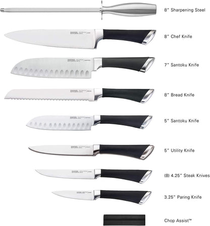 Fusion 17 Piece Kitchen Knife Set with Wooden Storage Block, Cushion-Grip Handles with Stainless Steel Blades that Resists Stains, Rust, and Pitting