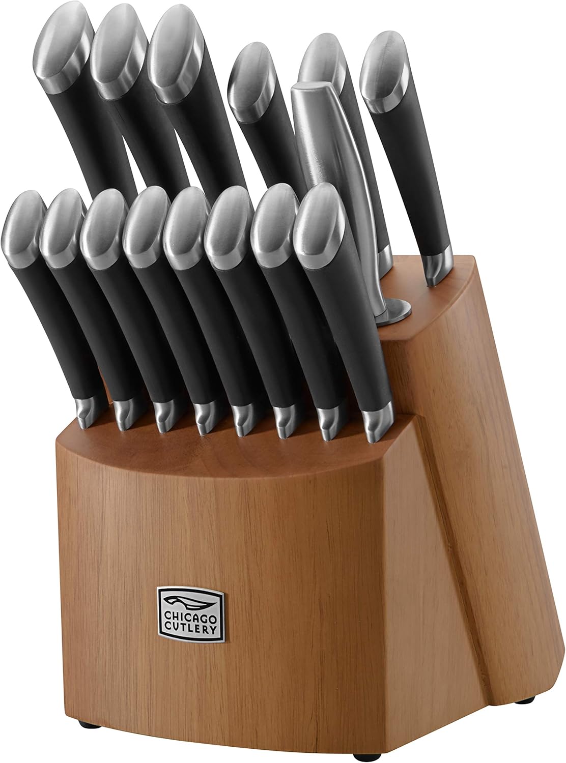 Fusion 17 Piece Kitchen Knife Set with Wooden Storage Block, Cushion-Grip Handles with Stainless Steel Blades that Resists Stains, Rust, and Pitting