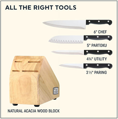 Fusion 17 Piece Kitchen Knife Set with Wooden Storage Block, Cushion-Grip Handles with Stainless Steel Blades that Resists Stains, Rust, and Pitting