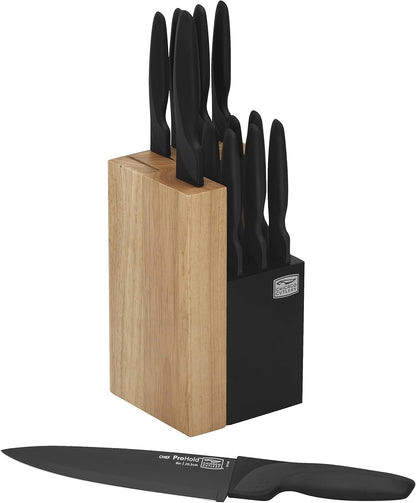 Fusion 17 Piece Kitchen Knife Set with Wooden Storage Block, Cushion-Grip Handles with Stainless Steel Blades that Resists Stains, Rust, and Pitting