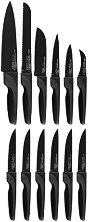 Fusion 17 Piece Kitchen Knife Set with Wooden Storage Block, Cushion-Grip Handles with Stainless Steel Blades that Resists Stains, Rust, and Pitting