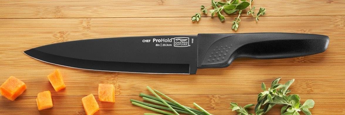 Fusion 17 Piece Kitchen Knife Set with Wooden Storage Block, Cushion-Grip Handles with Stainless Steel Blades that Resists Stains, Rust, and Pitting
