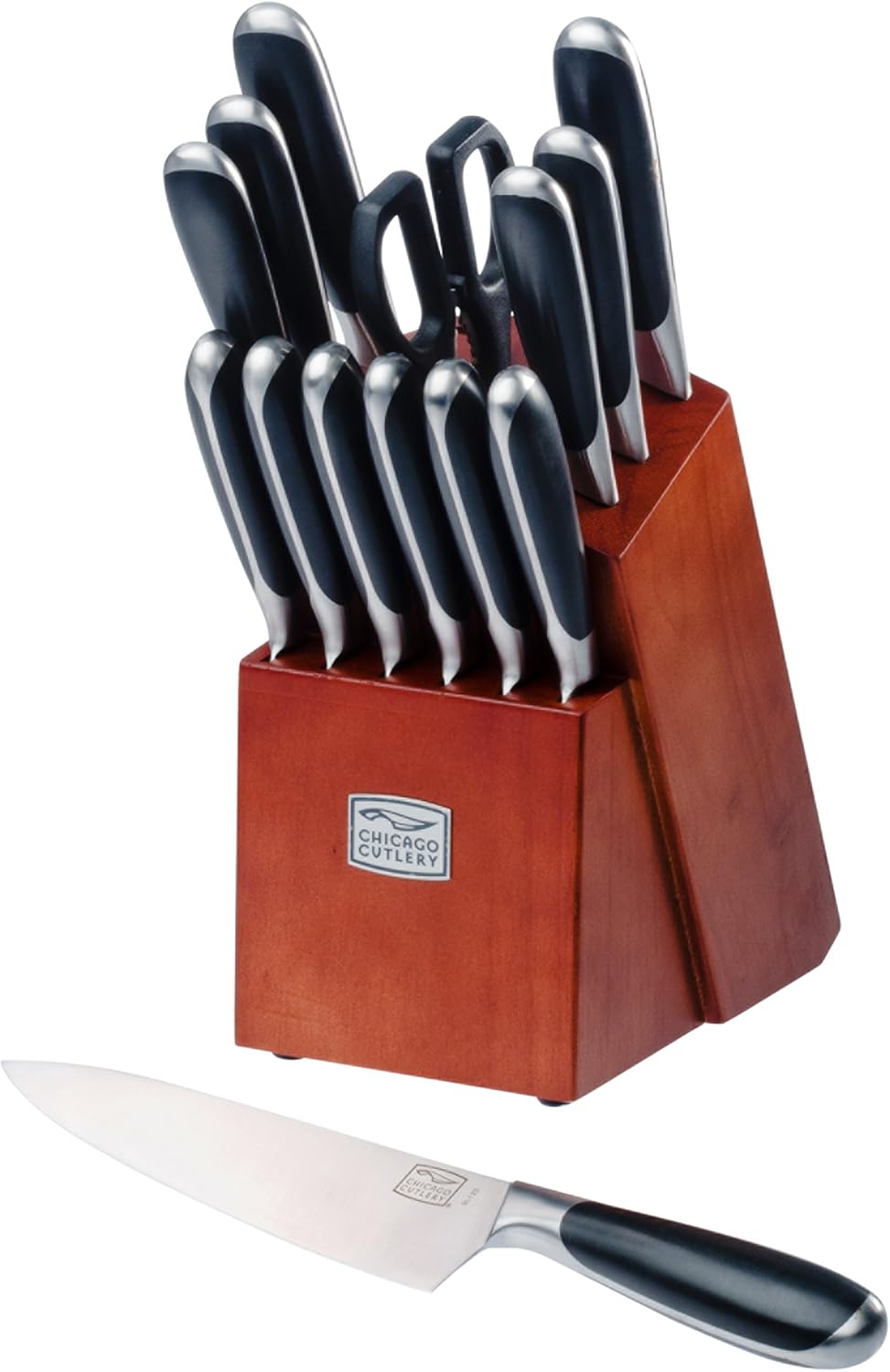 Fusion 17 Piece Kitchen Knife Set with Wooden Storage Block, Cushion-Grip Handles with Stainless Steel Blades that Resists Stains, Rust, and Pitting