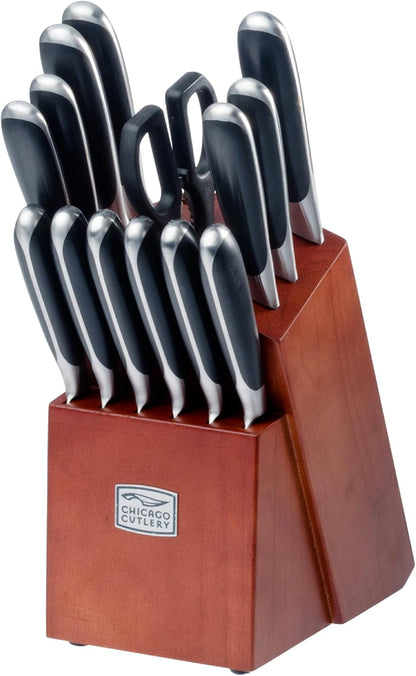 Fusion 17 Piece Kitchen Knife Set with Wooden Storage Block, Cushion-Grip Handles with Stainless Steel Blades that Resists Stains, Rust, and Pitting