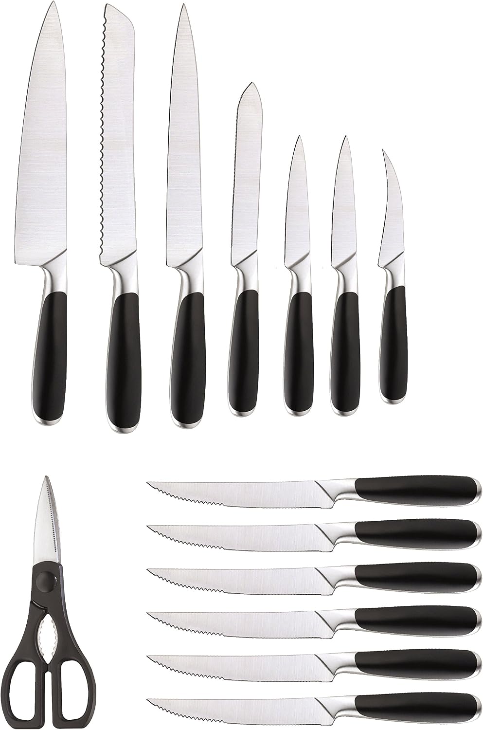Fusion 17 Piece Kitchen Knife Set with Wooden Storage Block, Cushion-Grip Handles with Stainless Steel Blades that Resists Stains, Rust, and Pitting