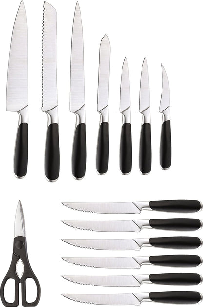 Fusion 17 Piece Kitchen Knife Set with Wooden Storage Block, Cushion-Grip Handles with Stainless Steel Blades that Resists Stains, Rust, and Pitting