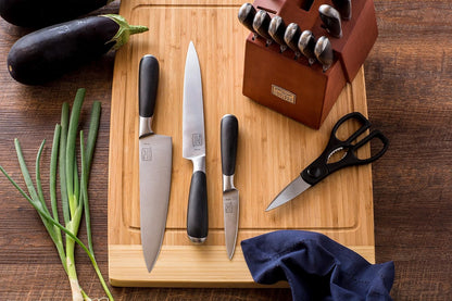 Fusion 17 Piece Kitchen Knife Set with Wooden Storage Block, Cushion-Grip Handles with Stainless Steel Blades that Resists Stains, Rust, and Pitting