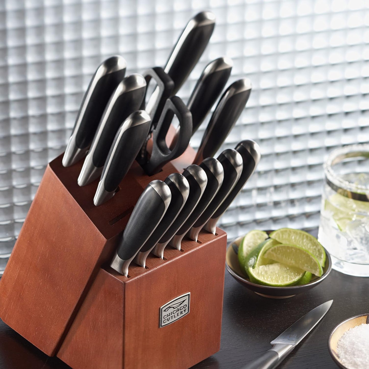 Fusion 17 Piece Kitchen Knife Set with Wooden Storage Block, Cushion-Grip Handles with Stainless Steel Blades that Resists Stains, Rust, and Pitting