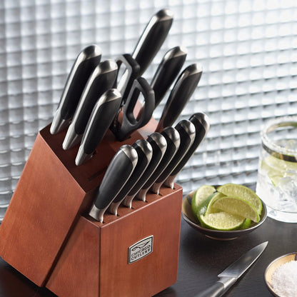 Fusion 17 Piece Kitchen Knife Set with Wooden Storage Block, Cushion-Grip Handles with Stainless Steel Blades that Resists Stains, Rust, and Pitting