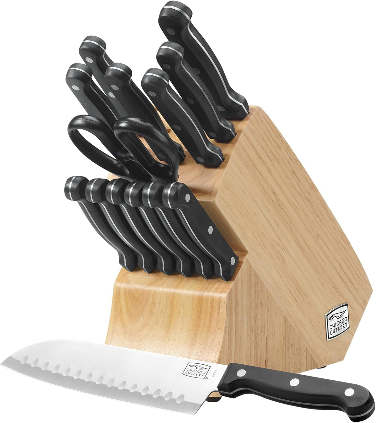 Fusion 17 Piece Kitchen Knife Set with Wooden Storage Block, Cushion-Grip Handles with Stainless Steel Blades that Resists Stains, Rust, and Pitting