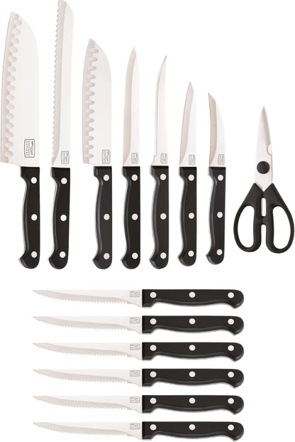 Fusion 17 Piece Kitchen Knife Set with Wooden Storage Block, Cushion-Grip Handles with Stainless Steel Blades that Resists Stains, Rust, and Pitting