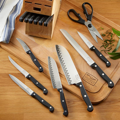 Fusion 17 Piece Kitchen Knife Set with Wooden Storage Block, Cushion-Grip Handles with Stainless Steel Blades that Resists Stains, Rust, and Pitting