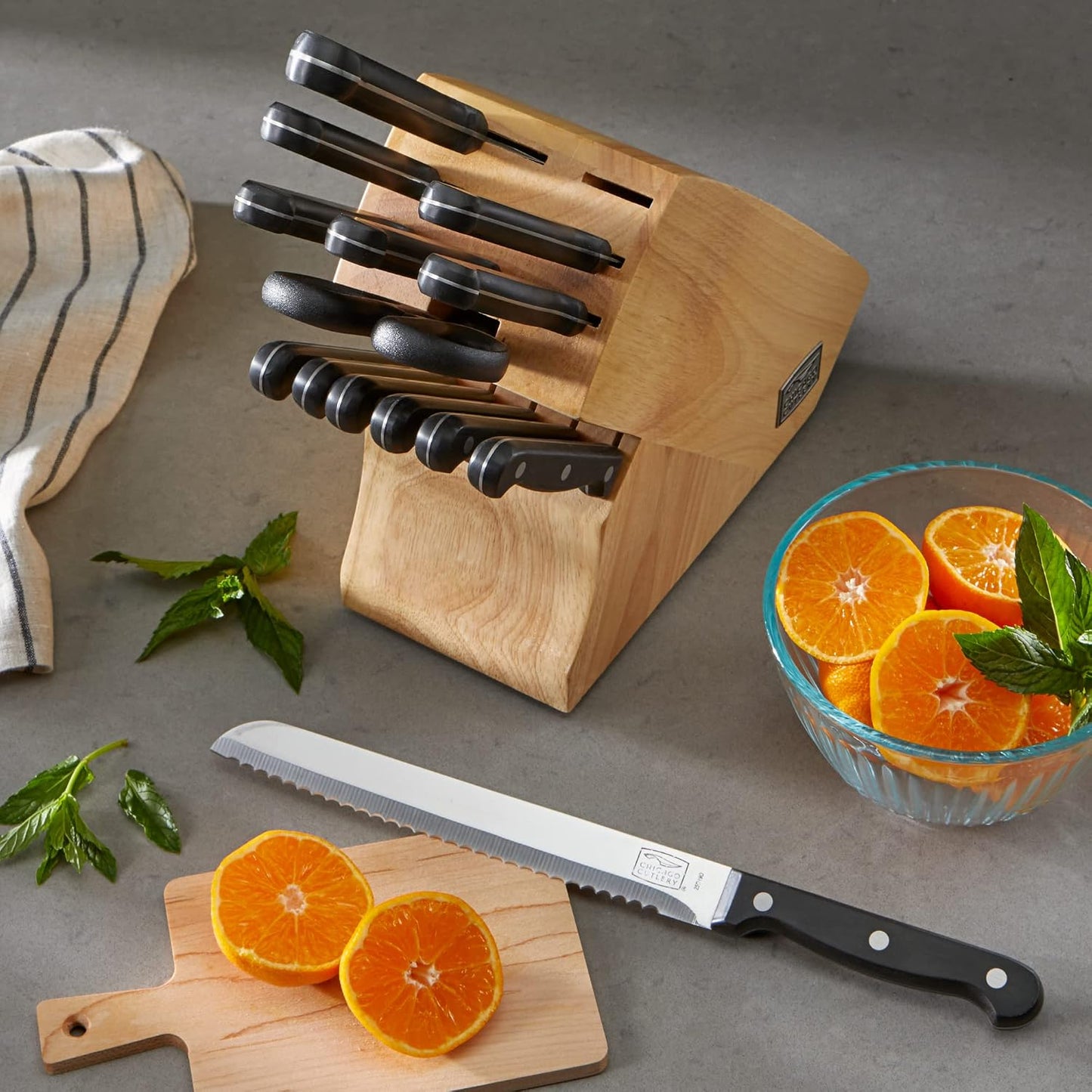 Fusion 17 Piece Kitchen Knife Set with Wooden Storage Block, Cushion-Grip Handles with Stainless Steel Blades that Resists Stains, Rust, and Pitting