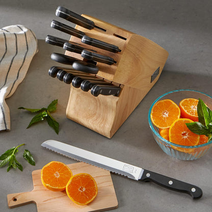 Fusion 17 Piece Kitchen Knife Set with Wooden Storage Block, Cushion-Grip Handles with Stainless Steel Blades that Resists Stains, Rust, and Pitting