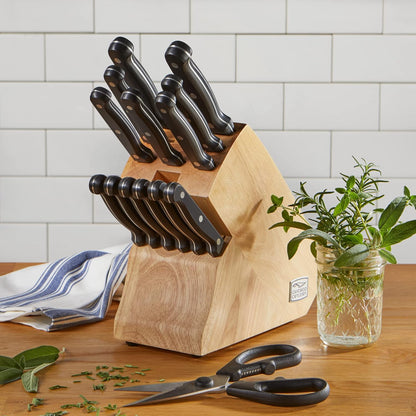 Fusion 17 Piece Kitchen Knife Set with Wooden Storage Block, Cushion-Grip Handles with Stainless Steel Blades that Resists Stains, Rust, and Pitting