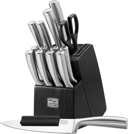 Fusion 17 Piece Kitchen Knife Set with Wooden Storage Block, Cushion-Grip Handles with Stainless Steel Blades that Resists Stains, Rust, and Pitting