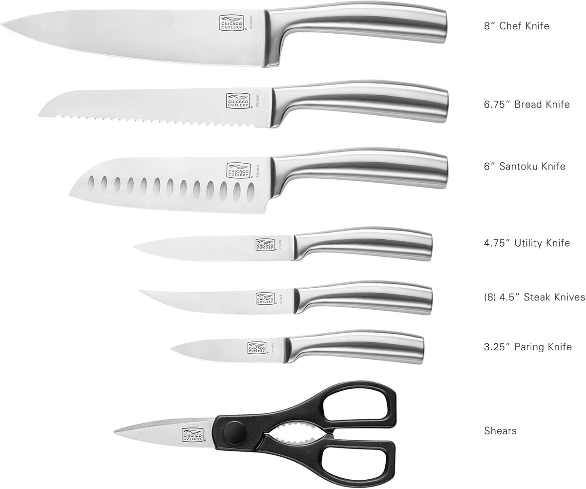Fusion 17 Piece Kitchen Knife Set with Wooden Storage Block, Cushion-Grip Handles with Stainless Steel Blades that Resists Stains, Rust, and Pitting