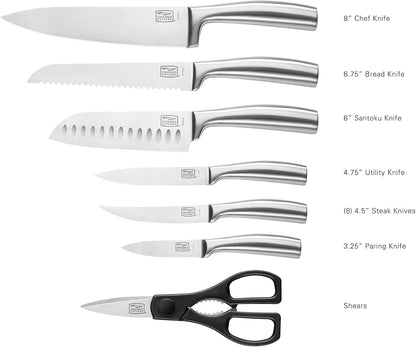 Fusion 17 Piece Kitchen Knife Set with Wooden Storage Block, Cushion-Grip Handles with Stainless Steel Blades that Resists Stains, Rust, and Pitting