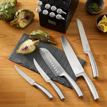 Fusion 17 Piece Kitchen Knife Set with Wooden Storage Block, Cushion-Grip Handles with Stainless Steel Blades that Resists Stains, Rust, and Pitting