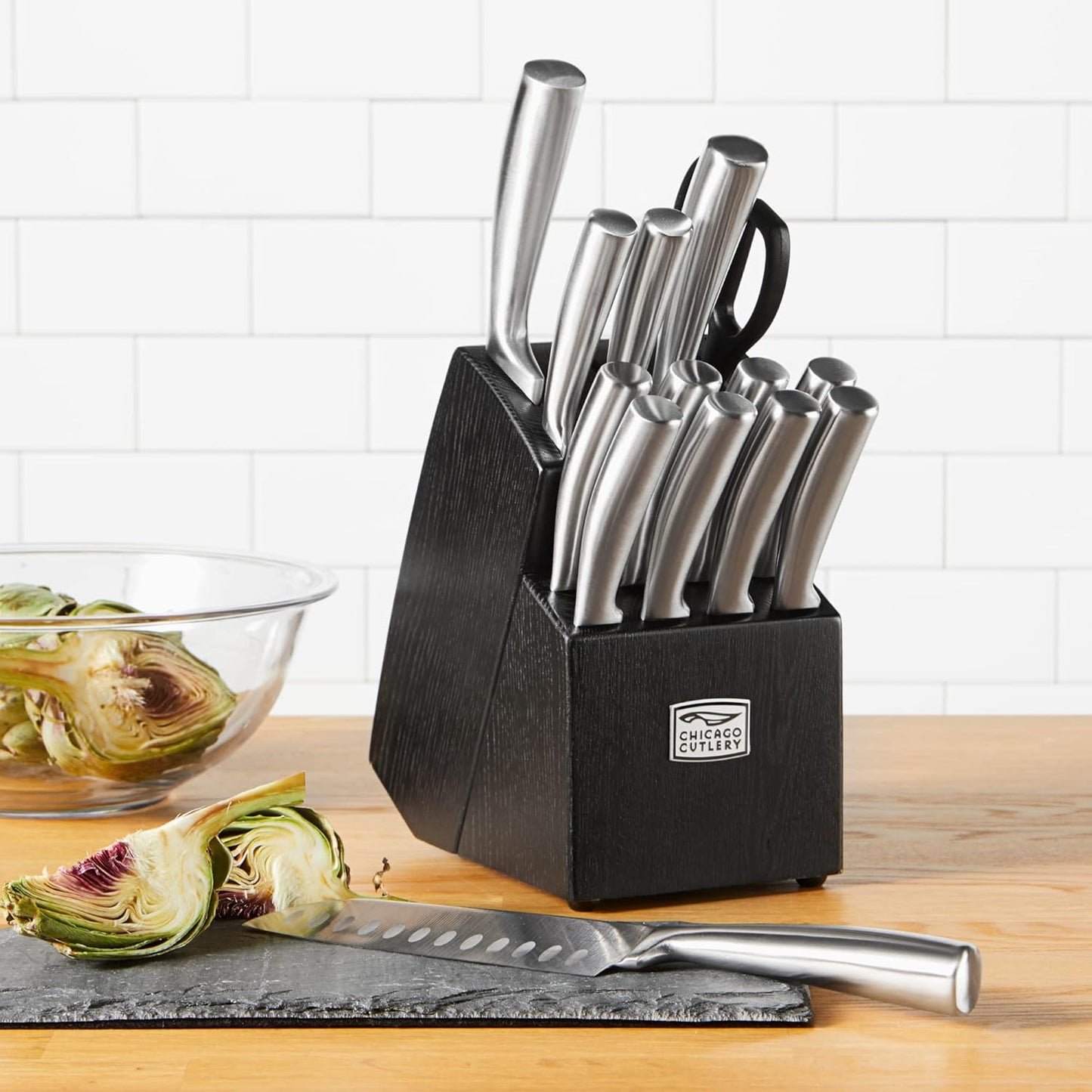 Fusion 17 Piece Kitchen Knife Set with Wooden Storage Block, Cushion-Grip Handles with Stainless Steel Blades that Resists Stains, Rust, and Pitting