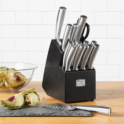 Fusion 17 Piece Kitchen Knife Set with Wooden Storage Block, Cushion-Grip Handles with Stainless Steel Blades that Resists Stains, Rust, and Pitting