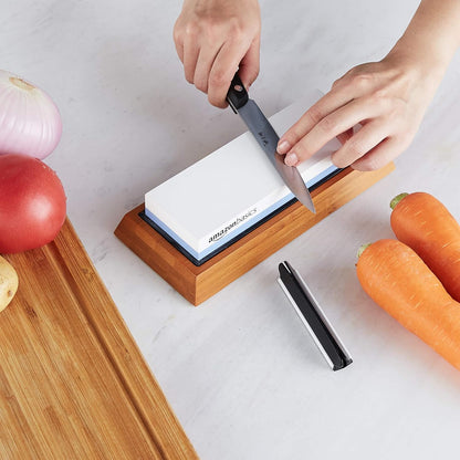 Whetstone Knife Sharpening Stone, Double-Sided 1000/6000 Grit with Angle Guide, Non-Slip Bamboo Base, Black & Grey