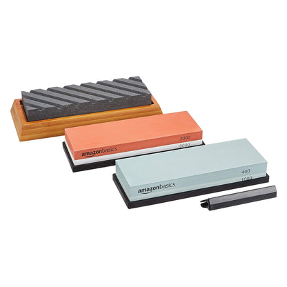 Whetstone Knife Sharpening Stone, Double-Sided 1000/6000 Grit with Angle Guide, Non-Slip Bamboo Base, Black & Grey