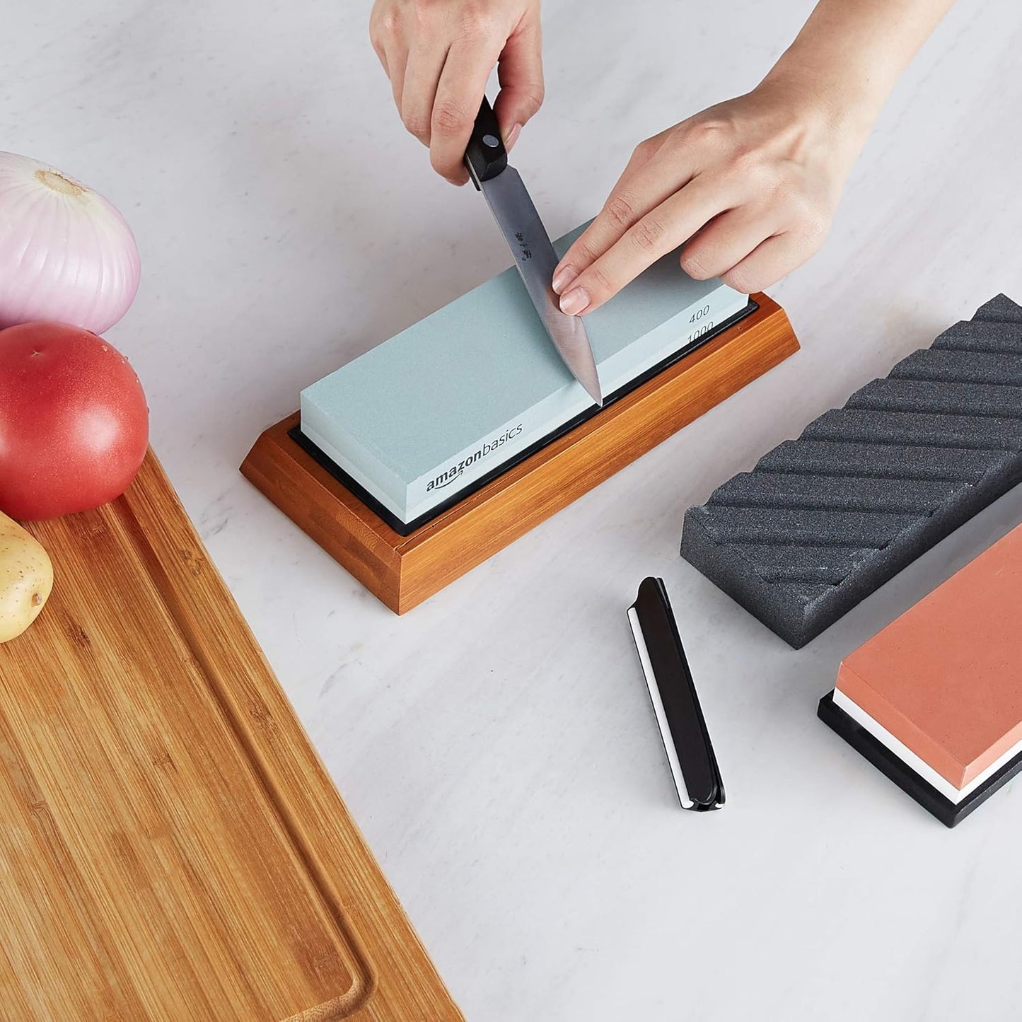Whetstone Knife Sharpening Stone, Double-Sided 1000/6000 Grit with Angle Guide, Non-Slip Bamboo Base, Black & Grey