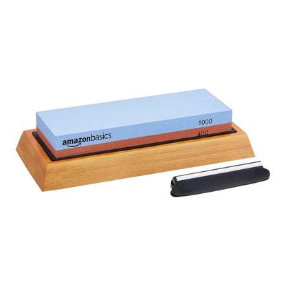 Whetstone Knife Sharpening Stone, Double-Sided 1000/6000 Grit with Angle Guide, Non-Slip Bamboo Base, Black & Grey