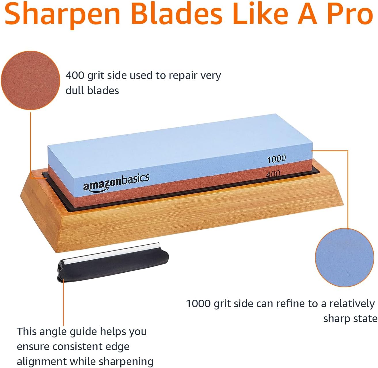 Whetstone Knife Sharpening Stone, Double-Sided 1000/6000 Grit with Angle Guide, Non-Slip Bamboo Base, Black & Grey