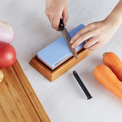 Whetstone Knife Sharpening Stone, Double-Sided 1000/6000 Grit with Angle Guide, Non-Slip Bamboo Base, Black & Grey